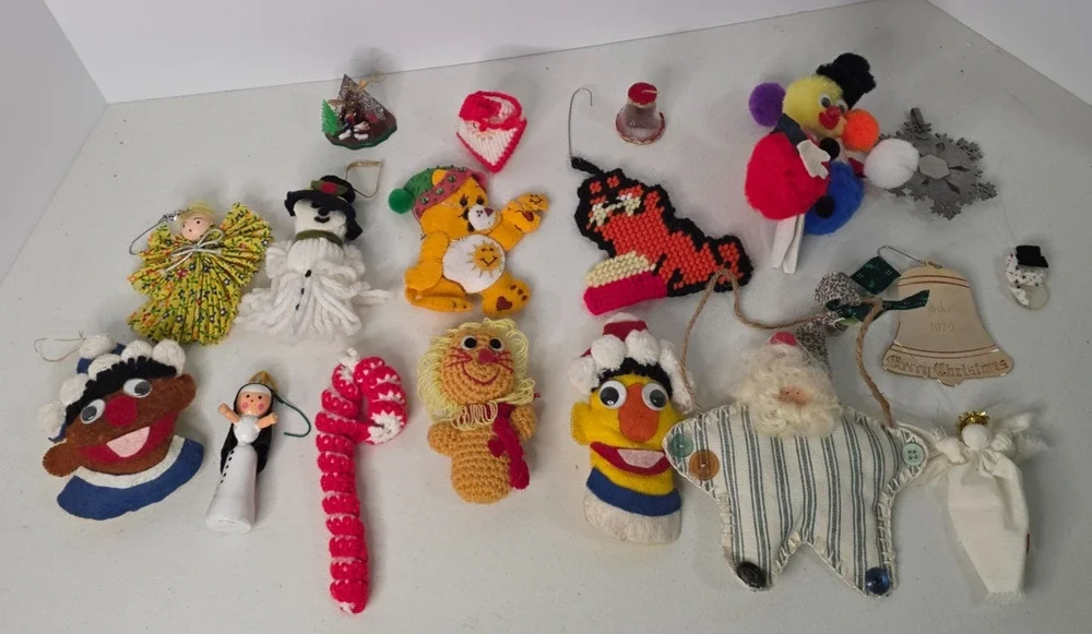 Lot 19 Vintage Handmade Christmas Ornaments Yarn Felt Crochet Pom Pom Sesame St